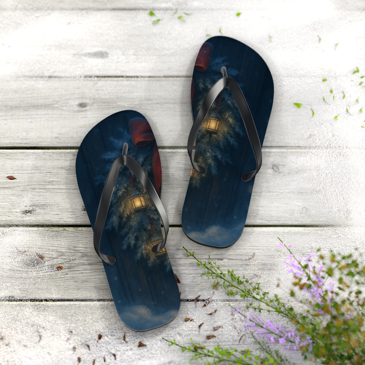Lanternlit Winter Wreath Reverie colorful rubber flip flops