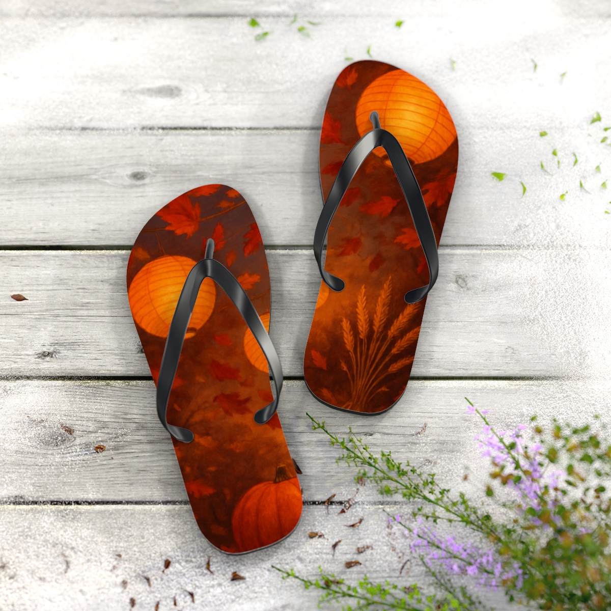 Autumn Lantern Harvest Glow designer logo flip flops