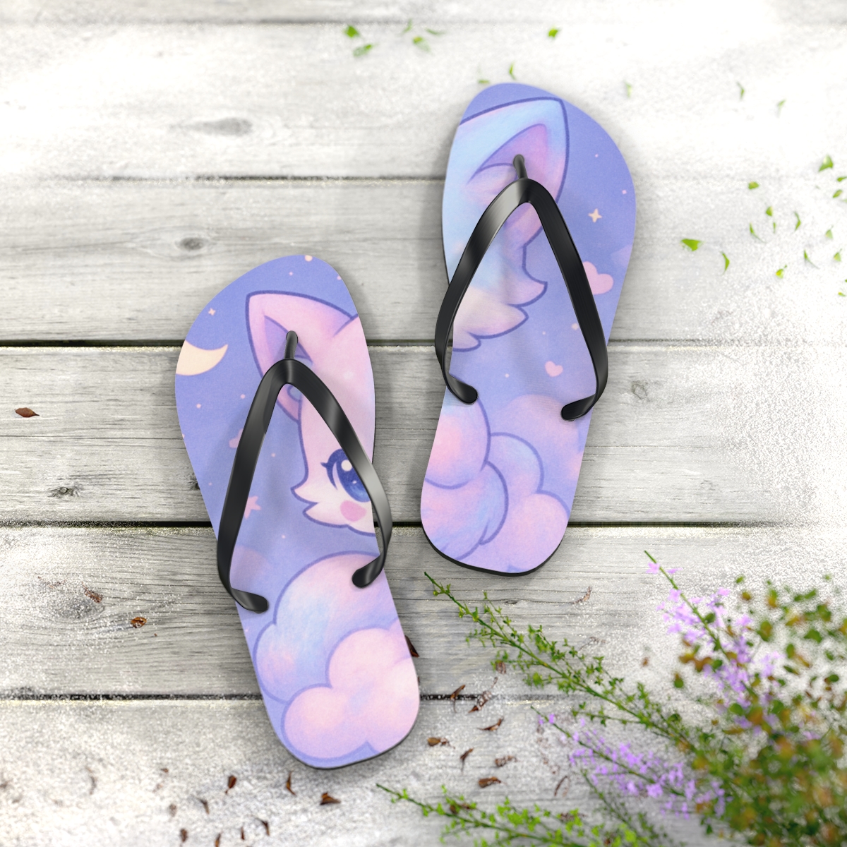 Cotton Candy Fox Dreams designer logo flip flops