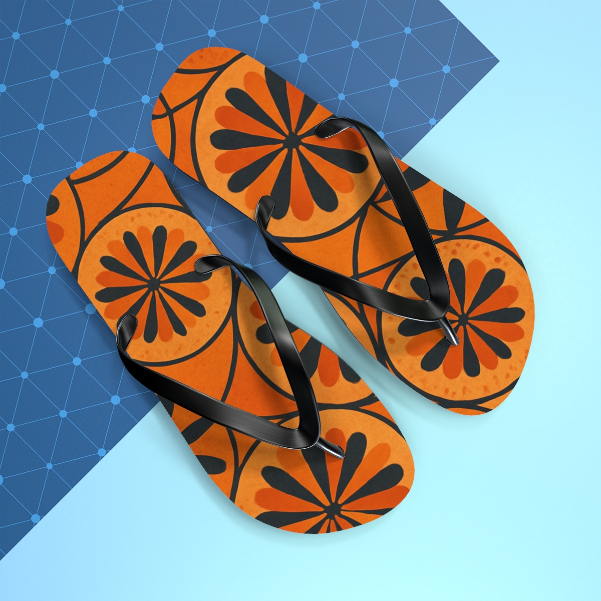 Marigold Orbit Lattice designer logo flip flops