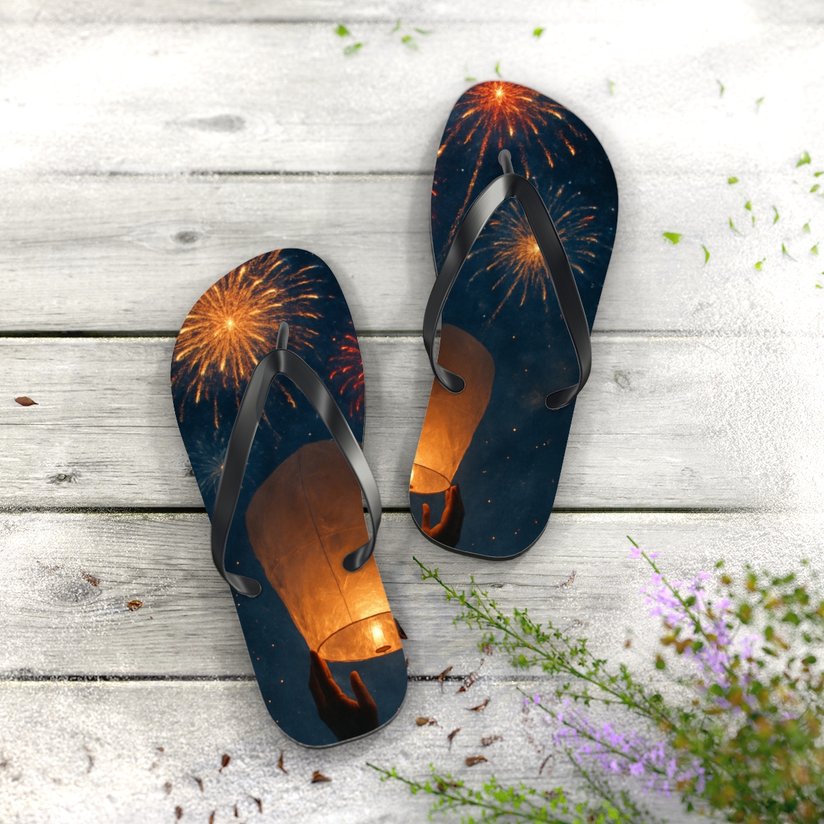 Lantern Lit New Year Skyburst unique graphic flip flops