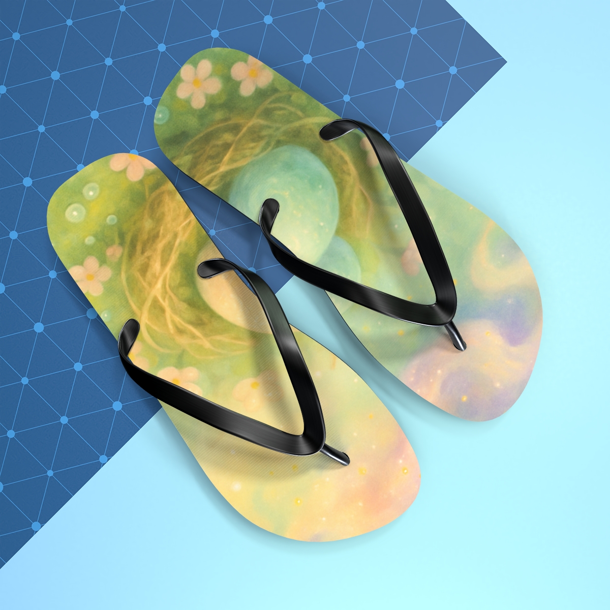 Spring Equinox Painted Egg Nebula designer logo flip flops