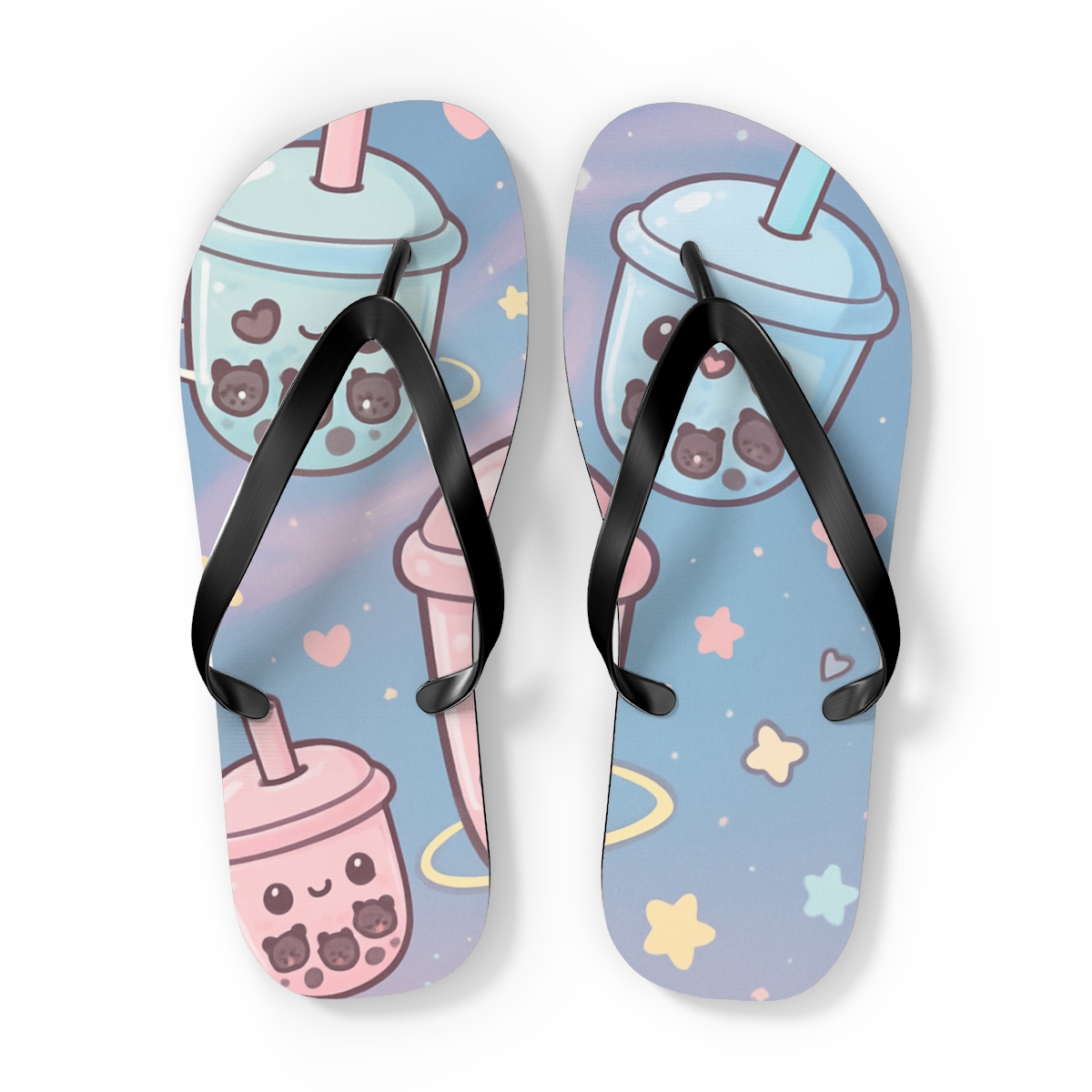 Cosmic Bubble Tea Critters colorful rubber flip flops