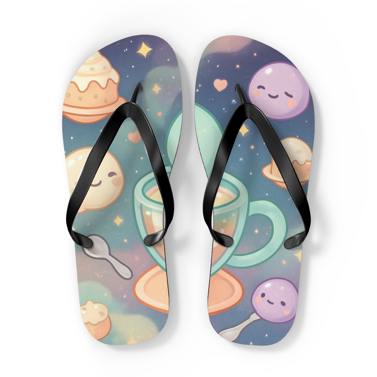 Cosmic Mochi Comet Cafe designer logo flip flops