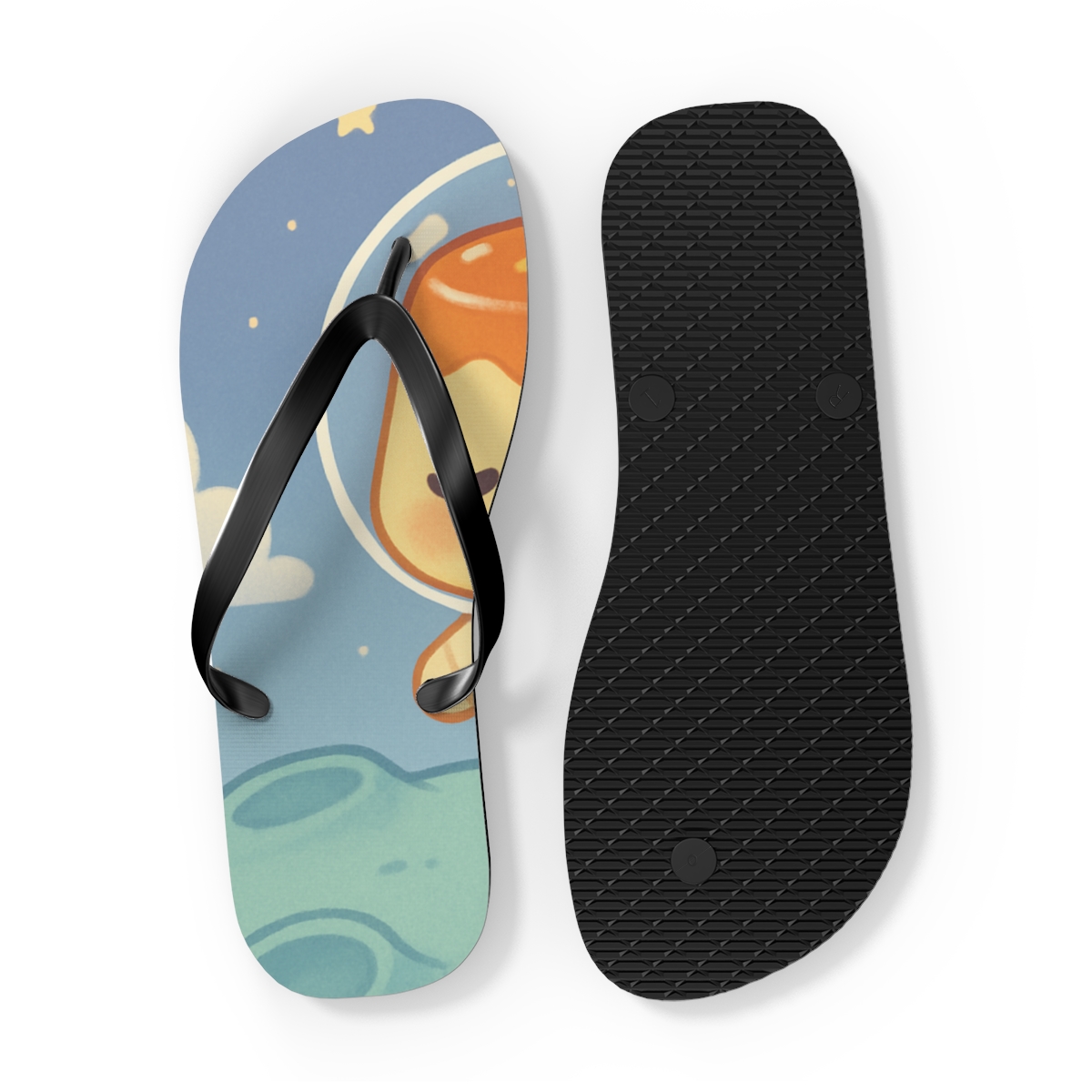 Cosmic Pudding Astronaut designer logo flip flops