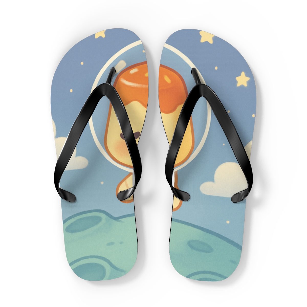 Cosmic Pudding Astronaut designer logo flip flops