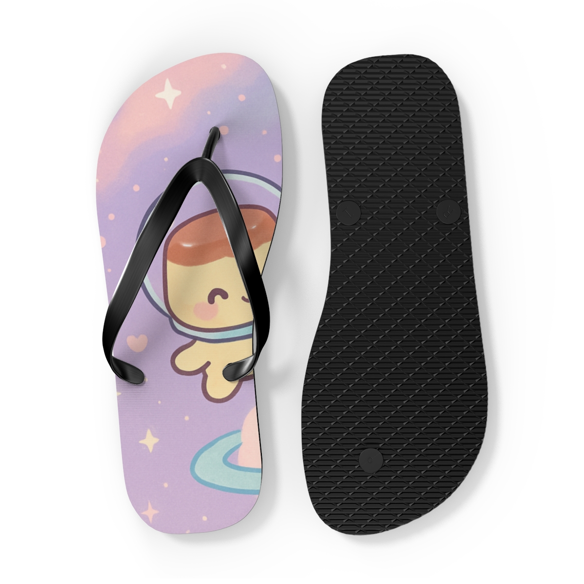 Cosmic Pudding Astronauts designer logo flip flops