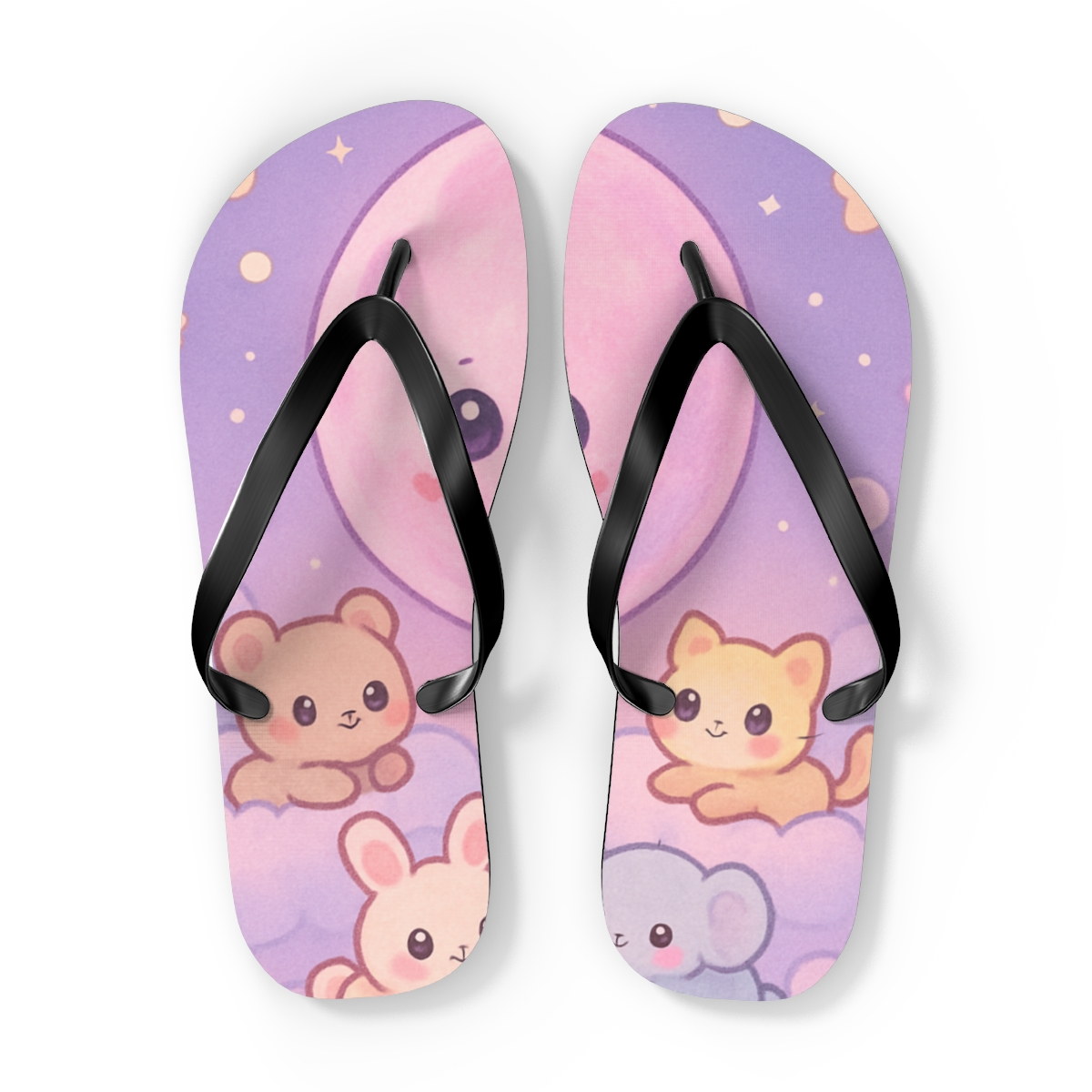 Cotton Candy Moon Critters unique graphic flip flops