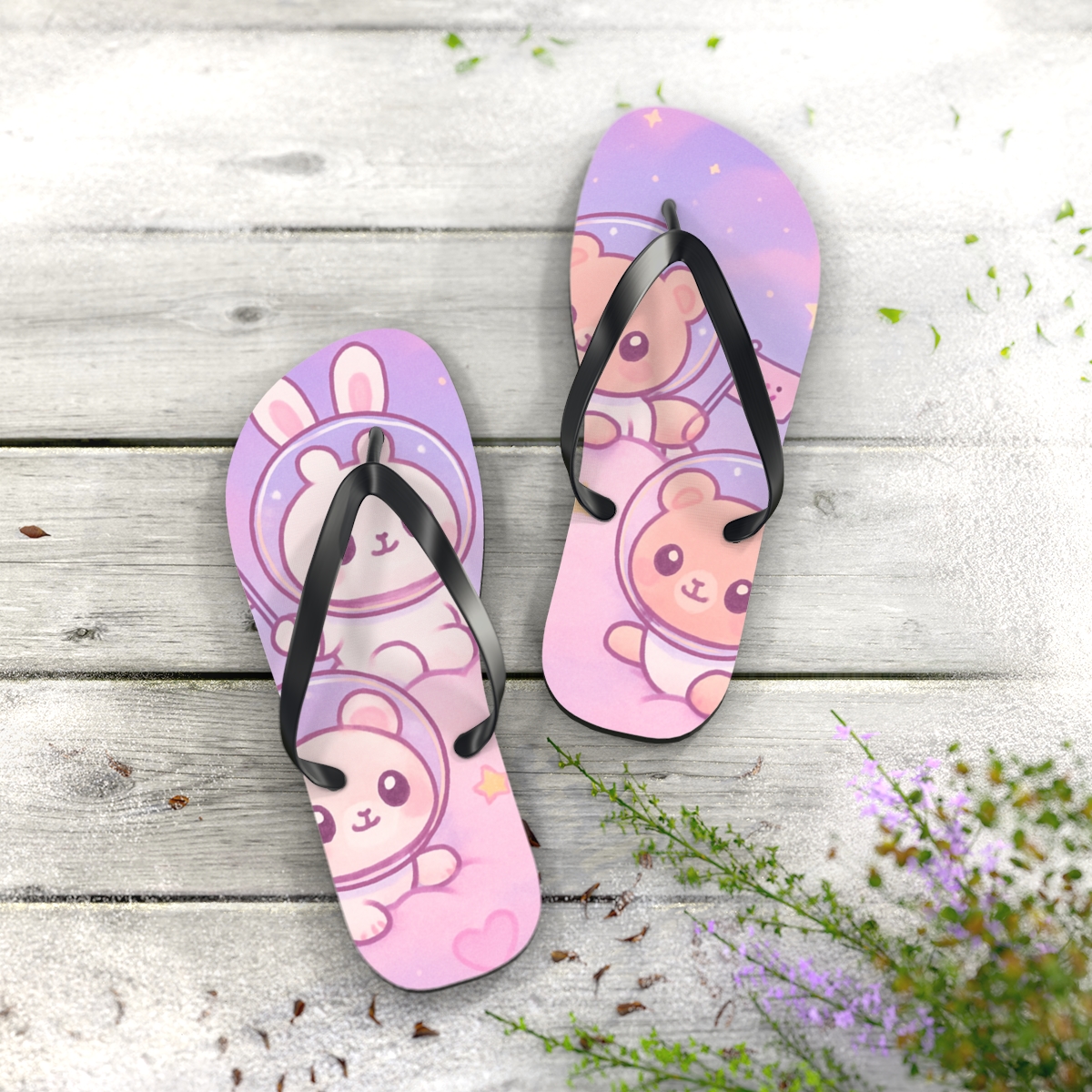 Cotton Candy Moon Critters personalized beach flip flops