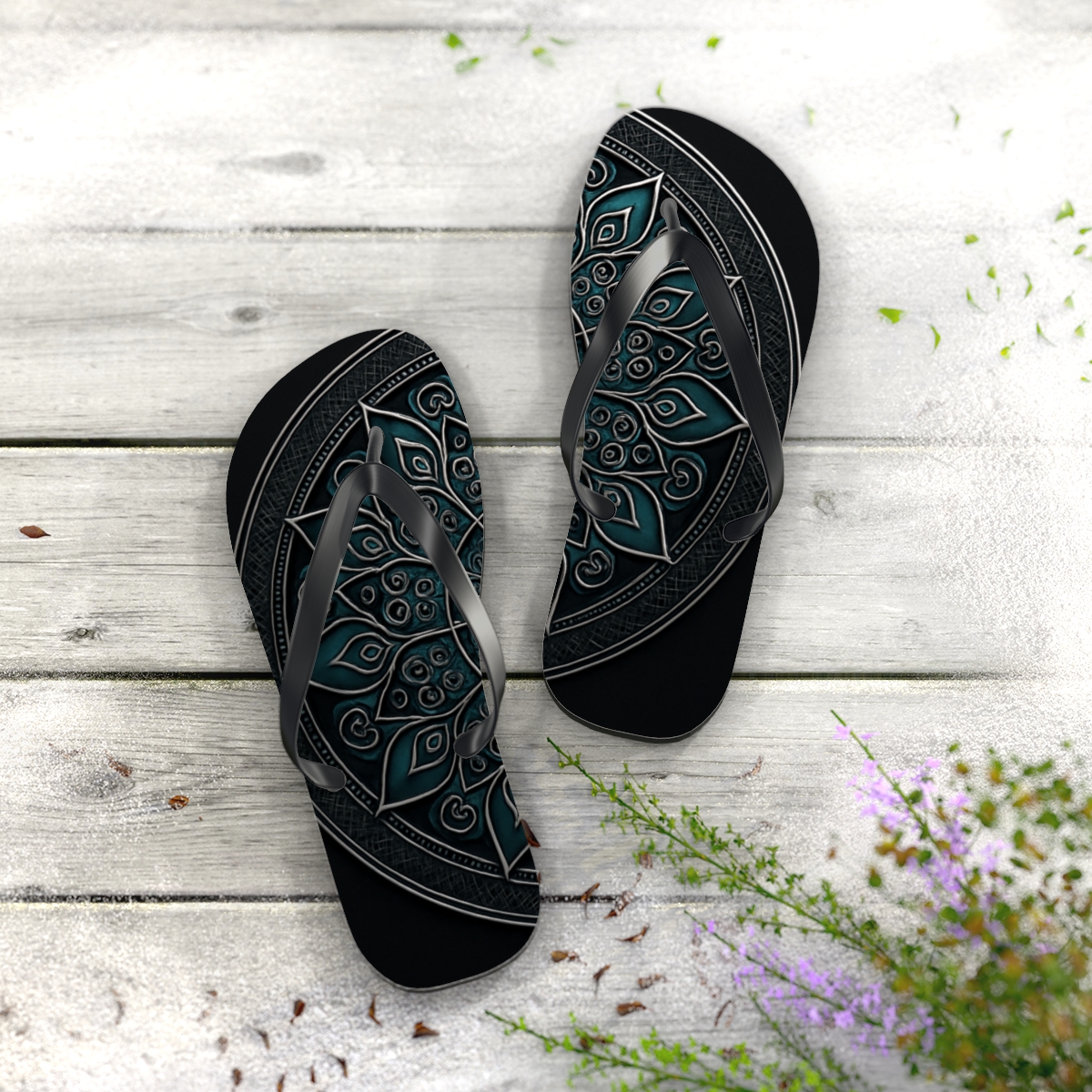 Obsidian Filigree Compass Bloom personalized beach flip flops