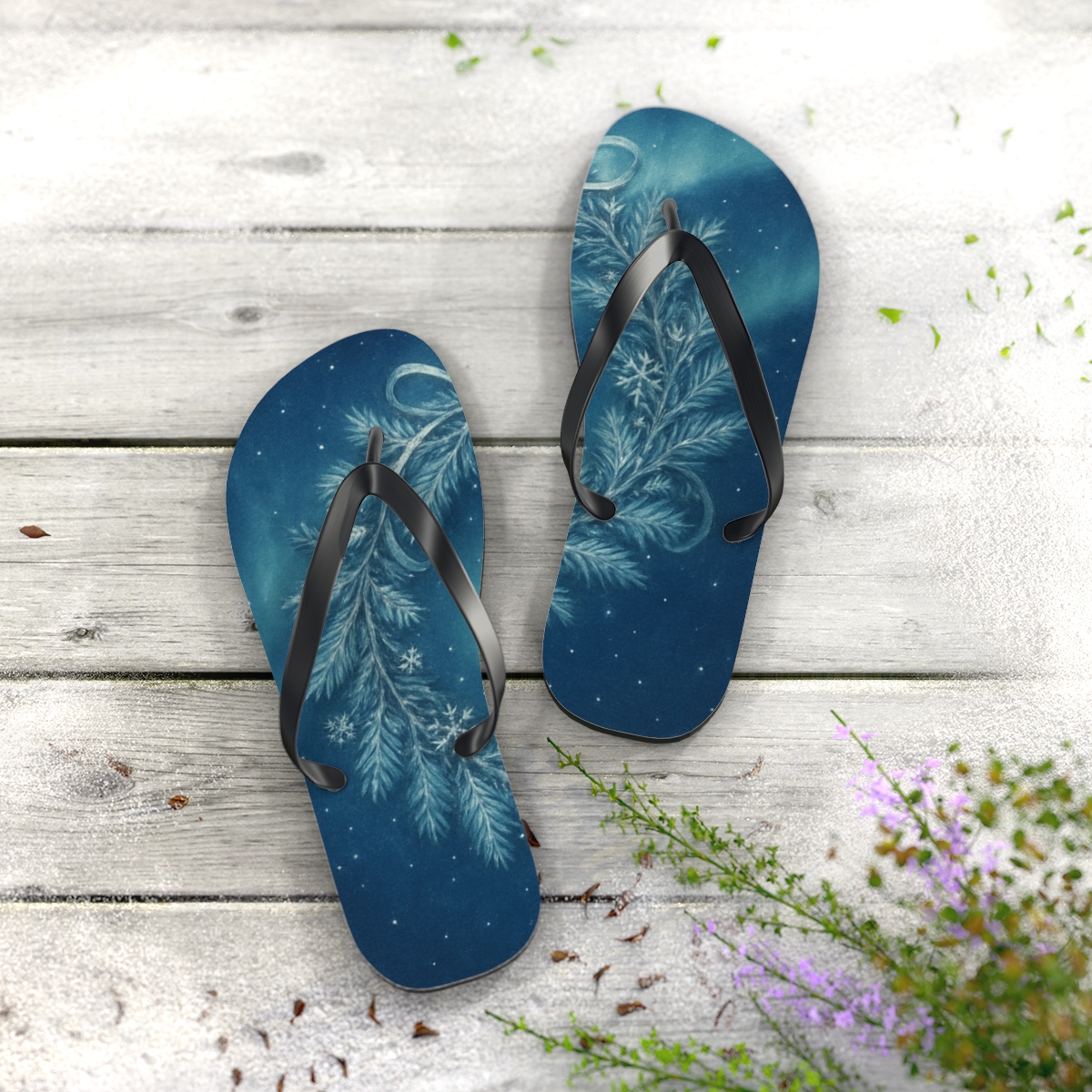 Winter Solstice Aurora Wreath colorful rubber flip flops