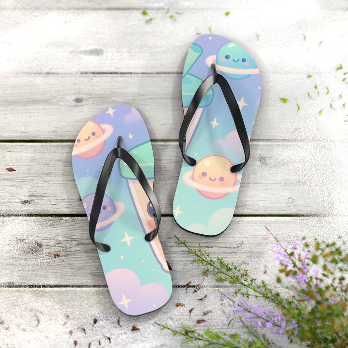 Cosmic Bubble Tea Constellation personalized beach flip flops