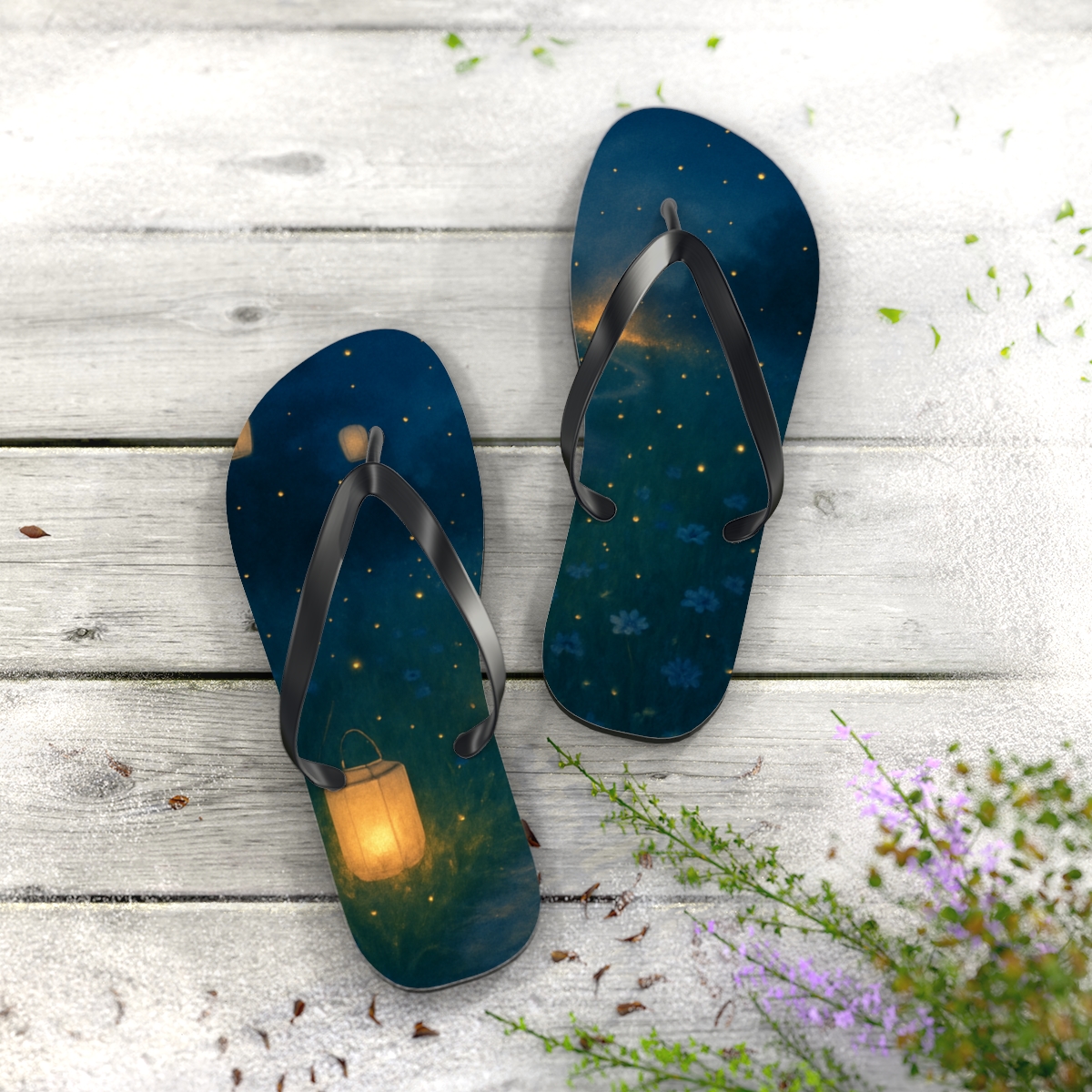 Midsummer Firefly Lantern Waltz personalized beach flip flops