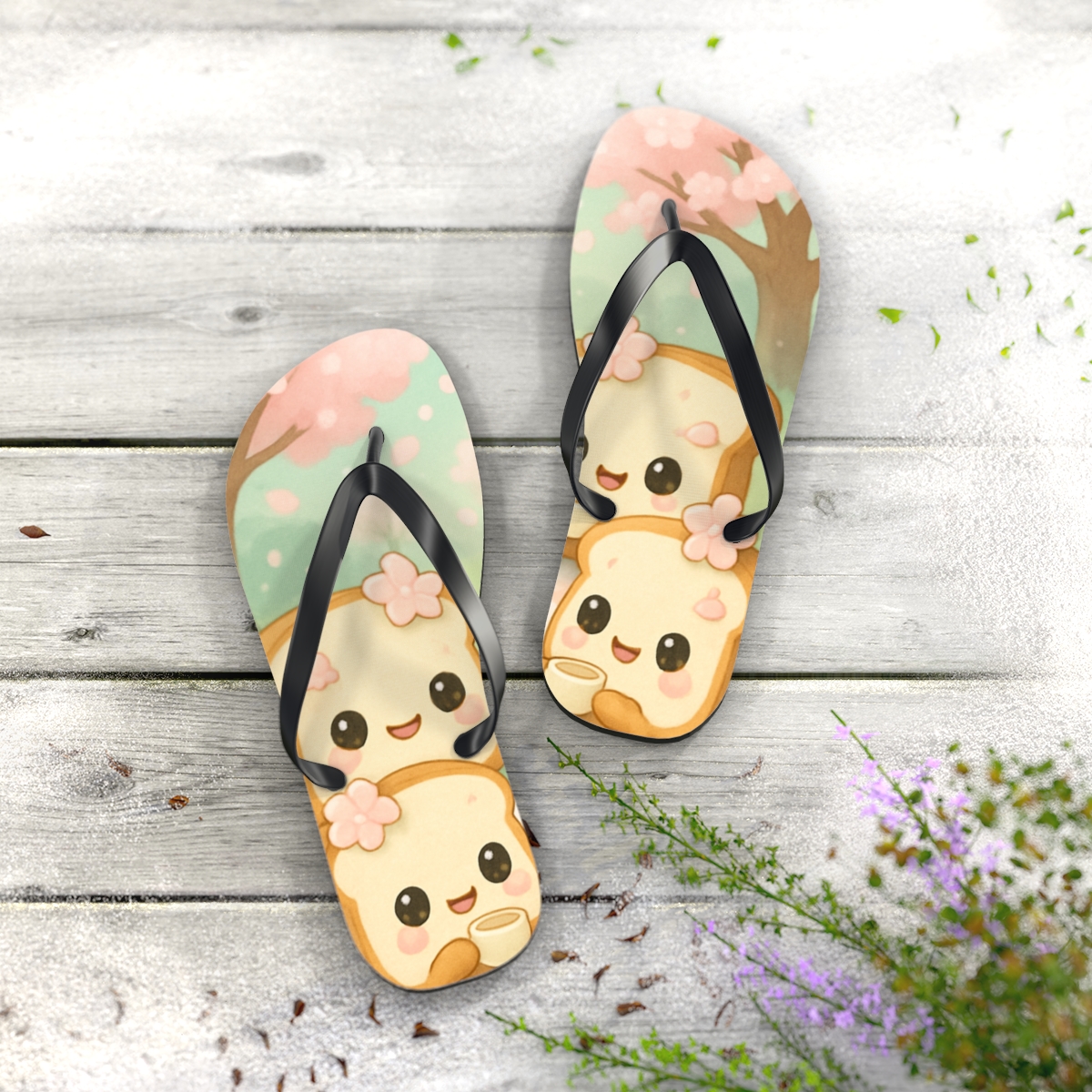 Sakura Toast Squad unique graphic flip flops