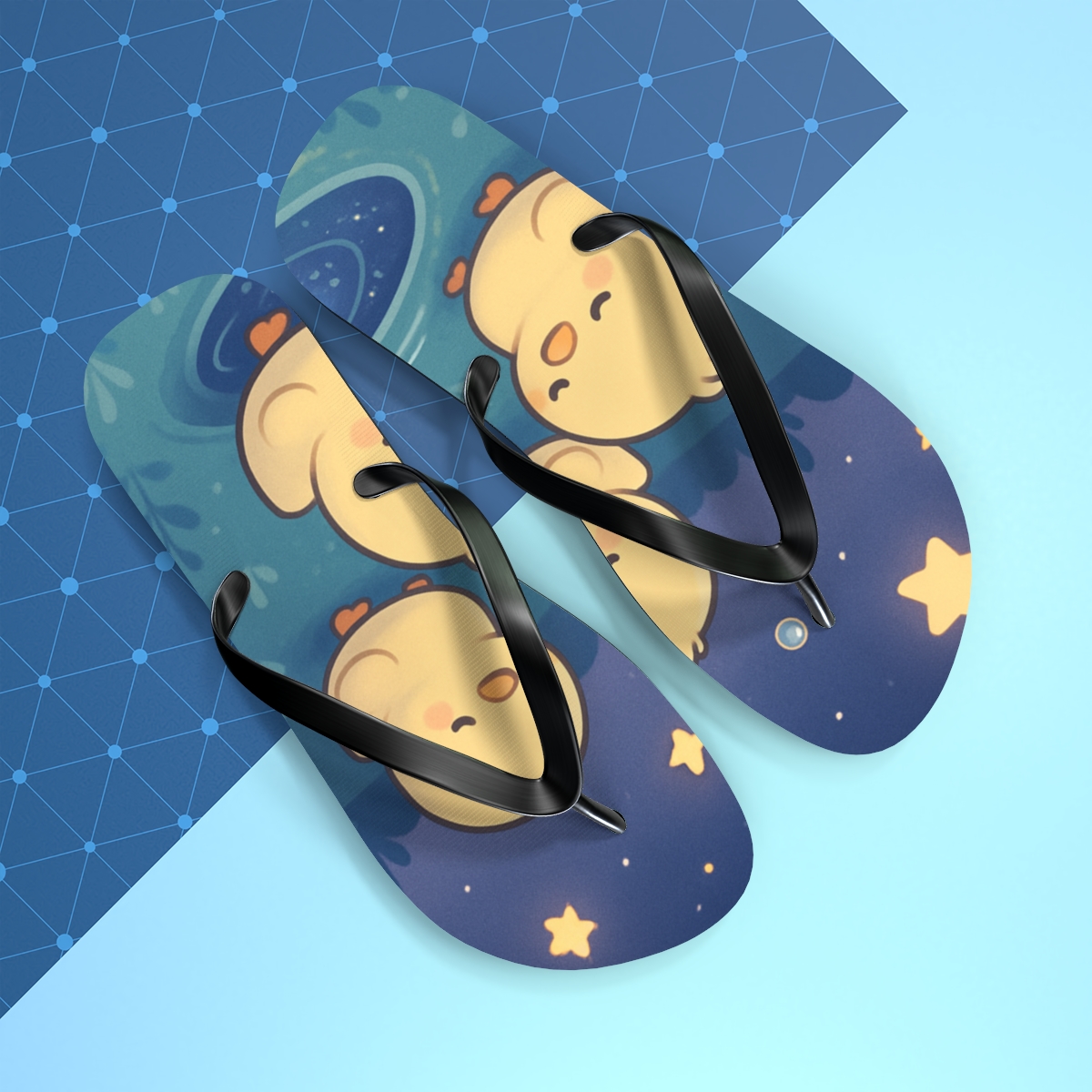 Starlit Puddle Ducklings unique graphic flip flops