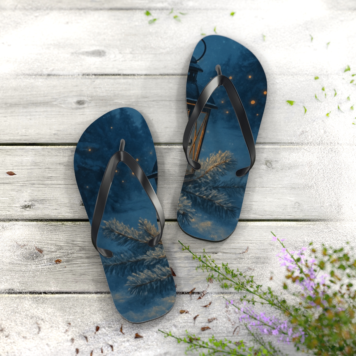 Lantern Frost Solstice designer logo flip flops