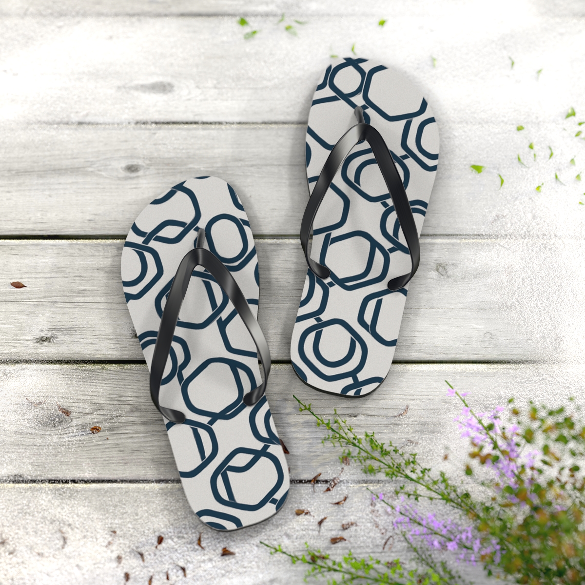 Orbiting Hex Loop Tessellation trendy printed flip flops