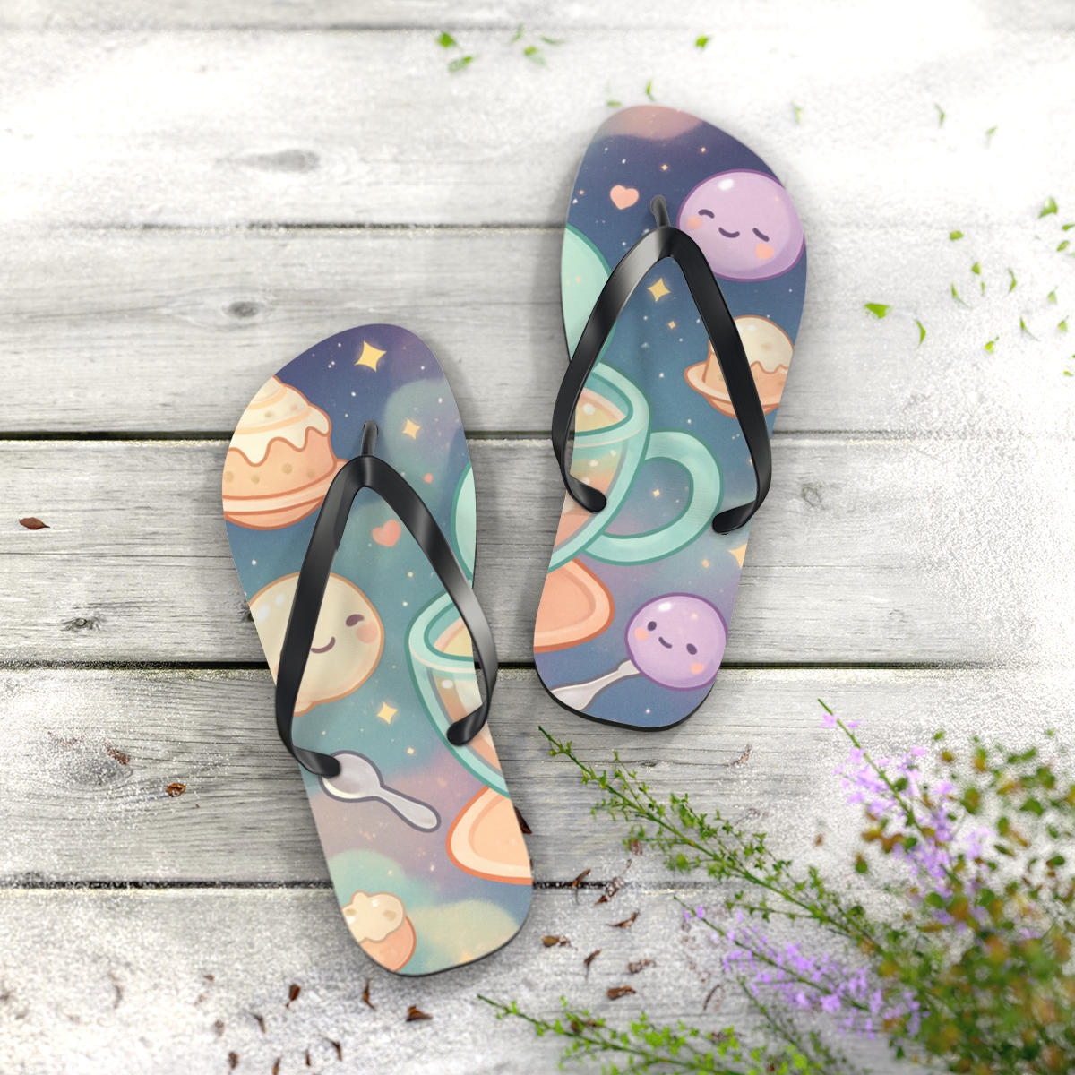 Cosmic Mochi Comet Cafe designer logo flip flops