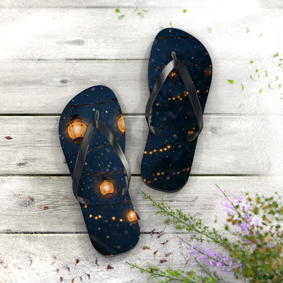 Lantern Snowfall Serenade designer logo flip flops