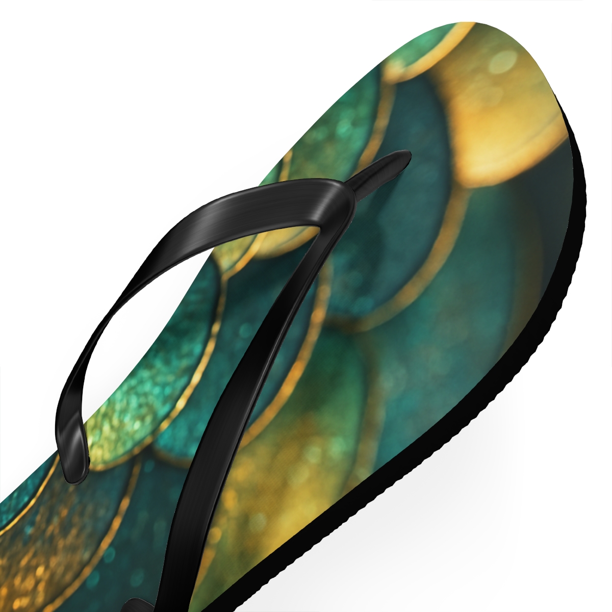 Iridescent Beetle Mosaic designer logo flip flops