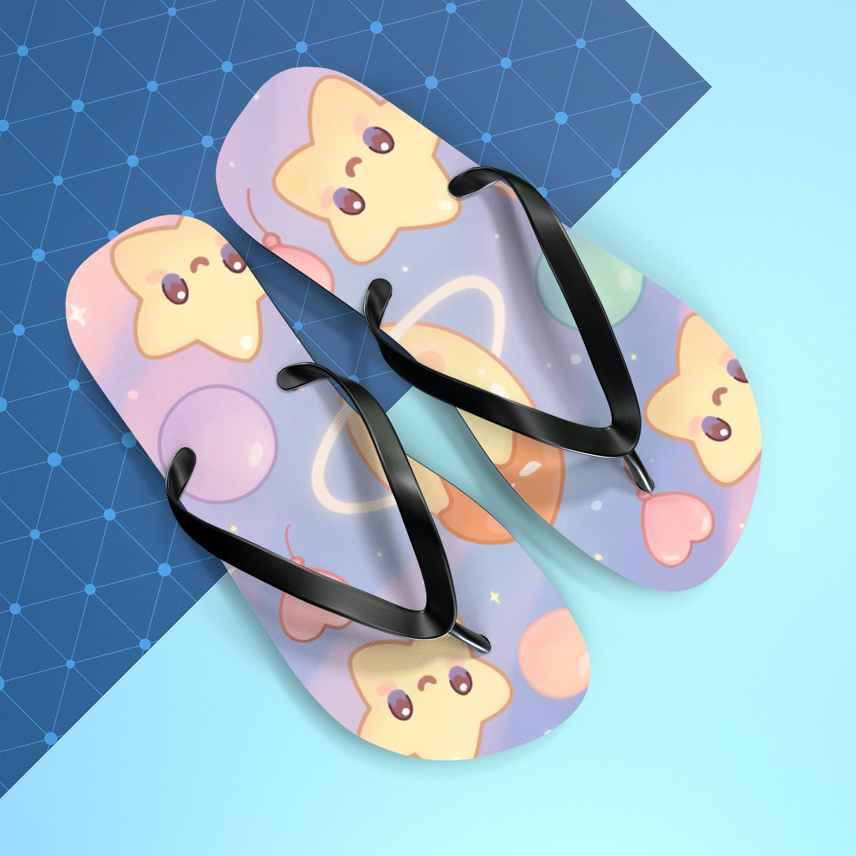 Pudding Planet Playtime unique graphic flip flops