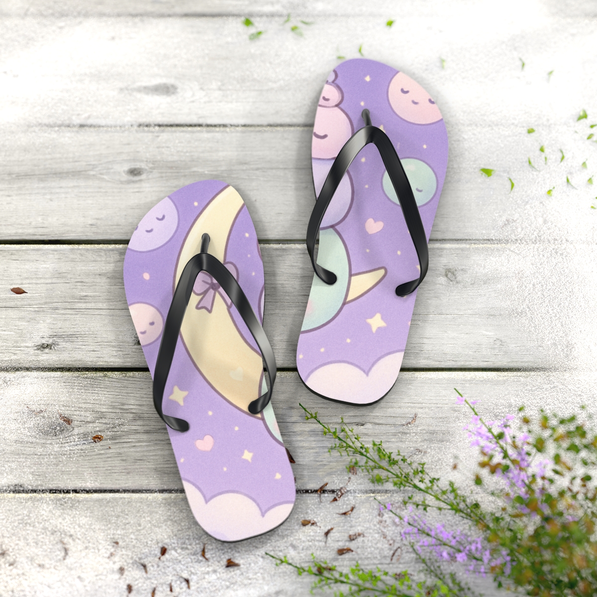 Mochi Moon Mates unique graphic flip flops