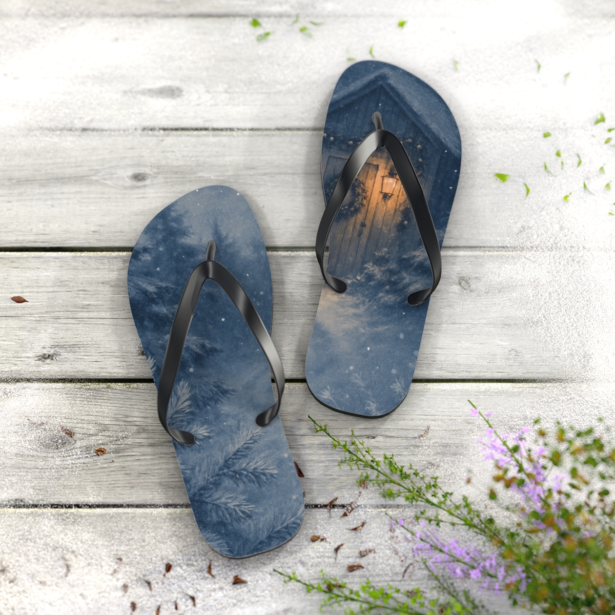 Lanternlit Winter Solstice Stillness designer logo flip flops