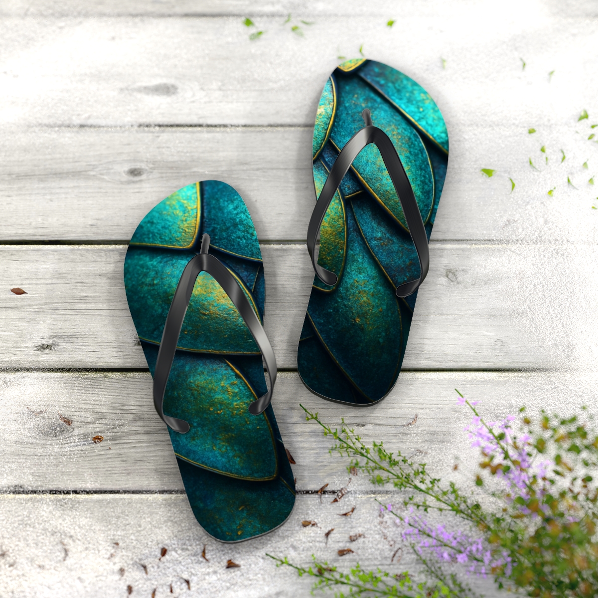 Iridescent Beetle Mosaic soft sole flip flops