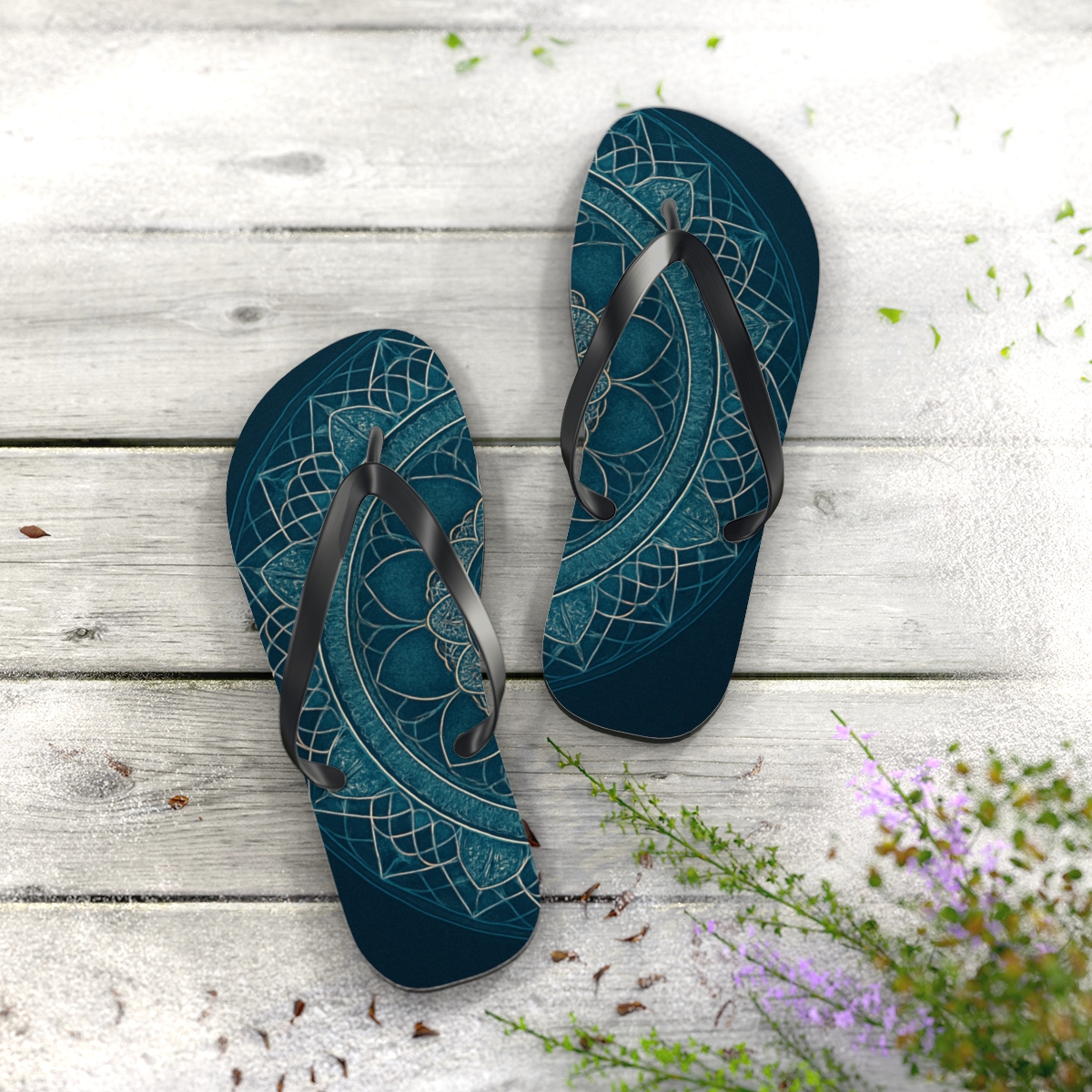 Chromatic Orbit Filigree Mandala personalized beach flip flops