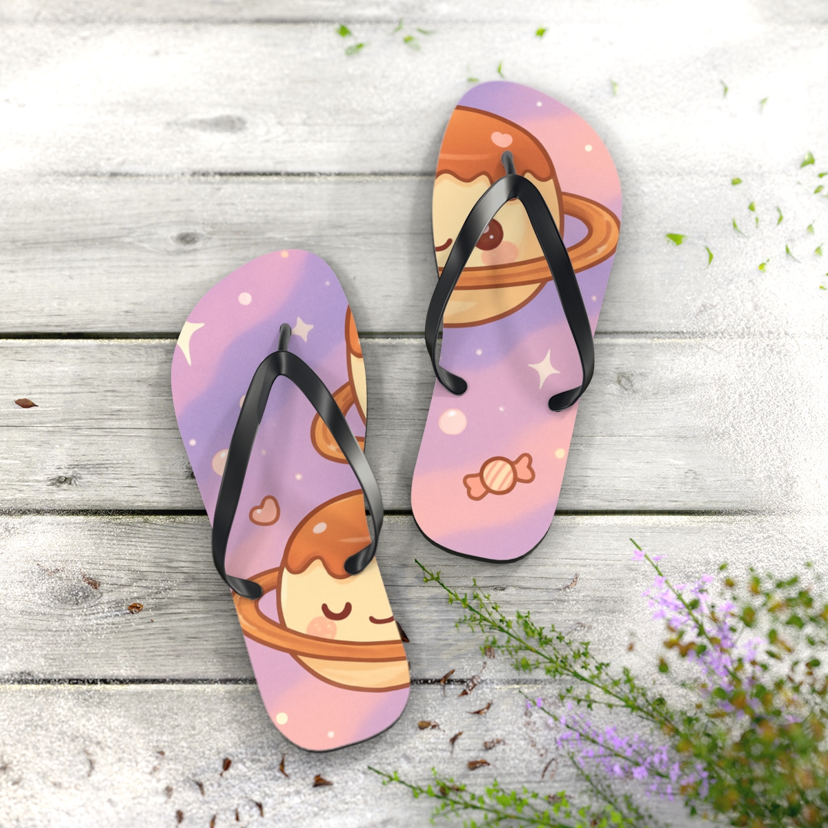 Cosmic Pudding Planet Pals trendy printed flip flops