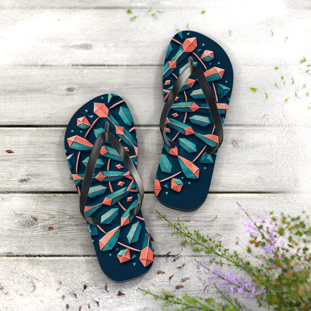 Orbiting Prism Rosette colorful rubber flip flops