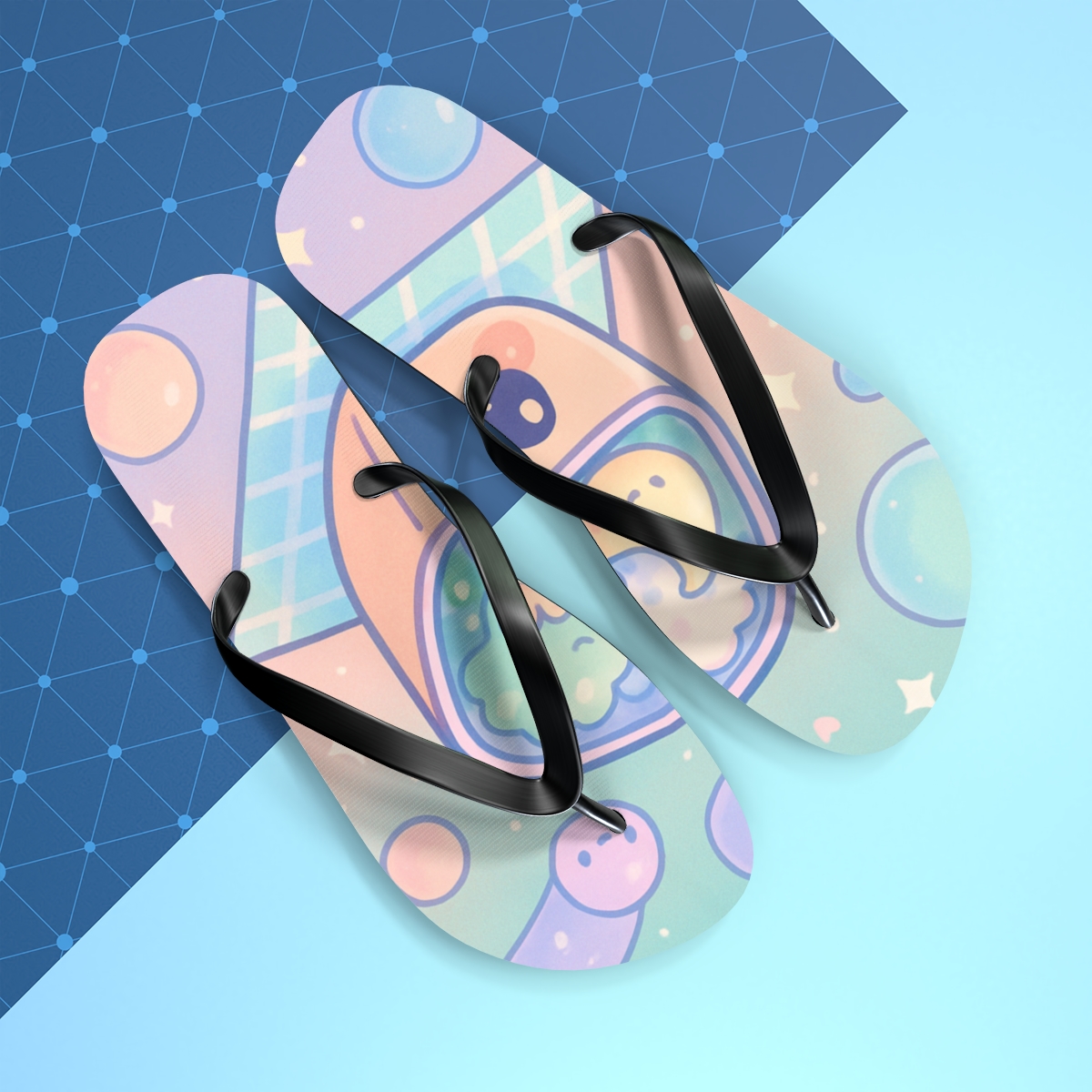 Cosmic Bento Buddies unique graphic flip flops