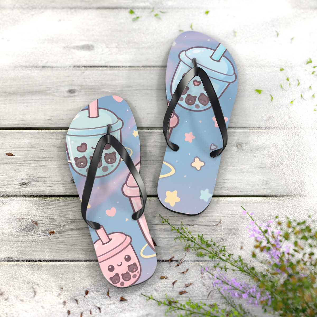 Cosmic Bubble Tea Critters colorful rubber flip flops