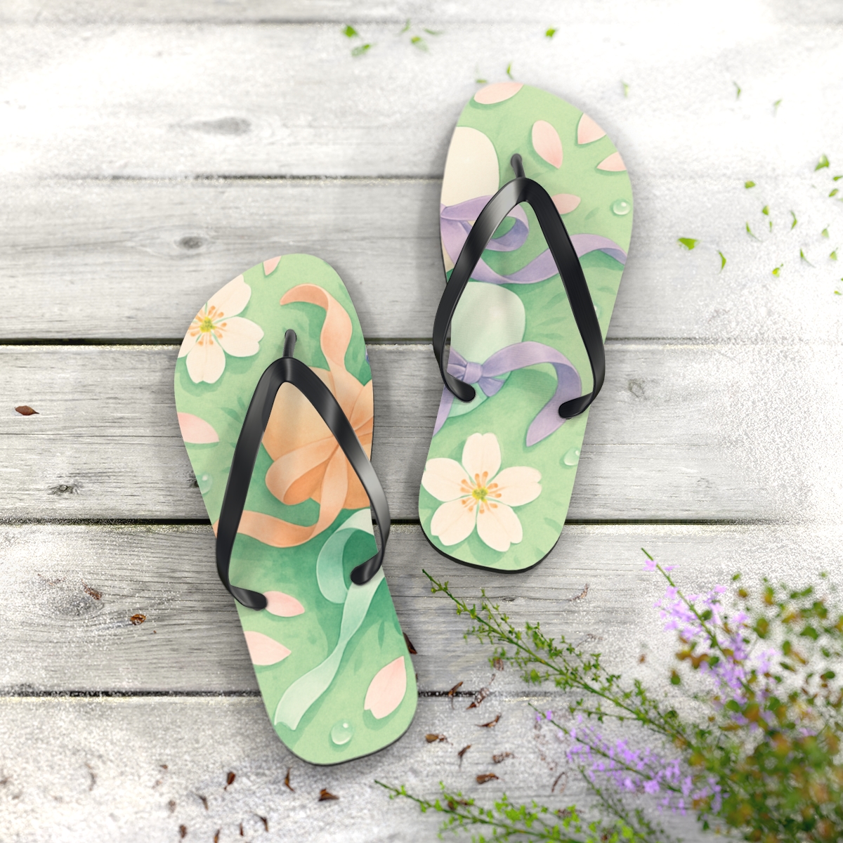 Spring Equinox Ribbon Eggs unique graphic flip flops
