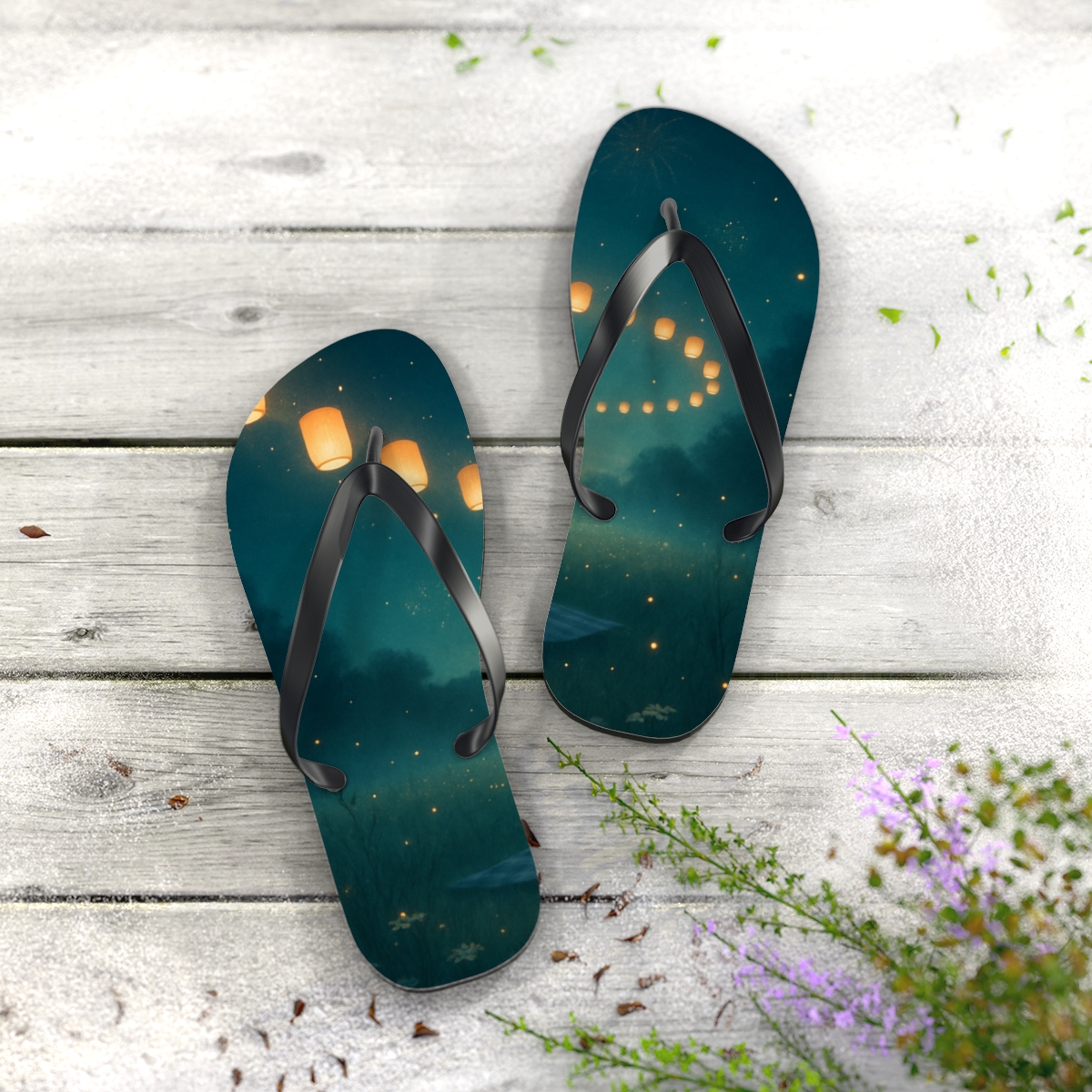 Midsummer Firefly Lantern Drift designer logo flip flops