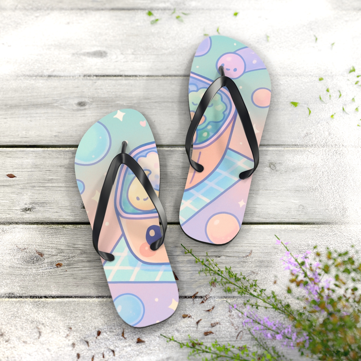 Cosmic Bento Buddies unique graphic flip flops