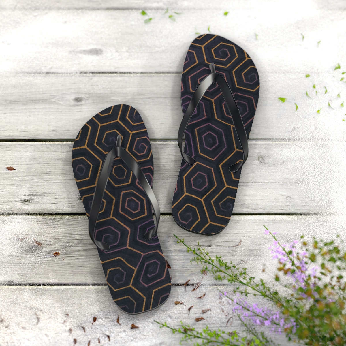 Hex Spiral Tessellation Bloom stylish summer flip flops