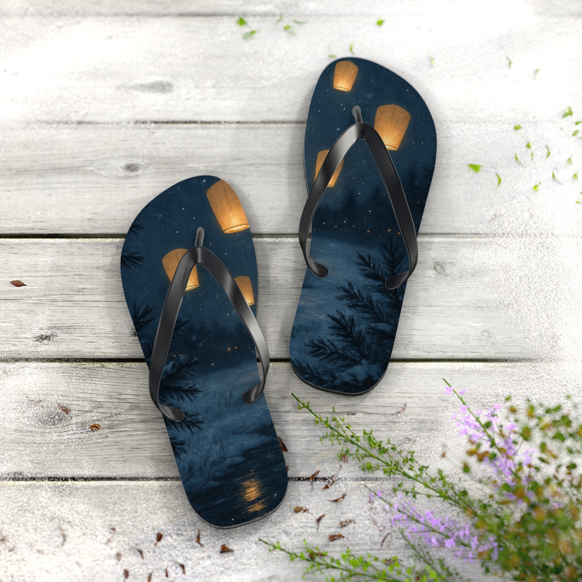 Winter Solstice Lantern Drift colorful rubber flip flops