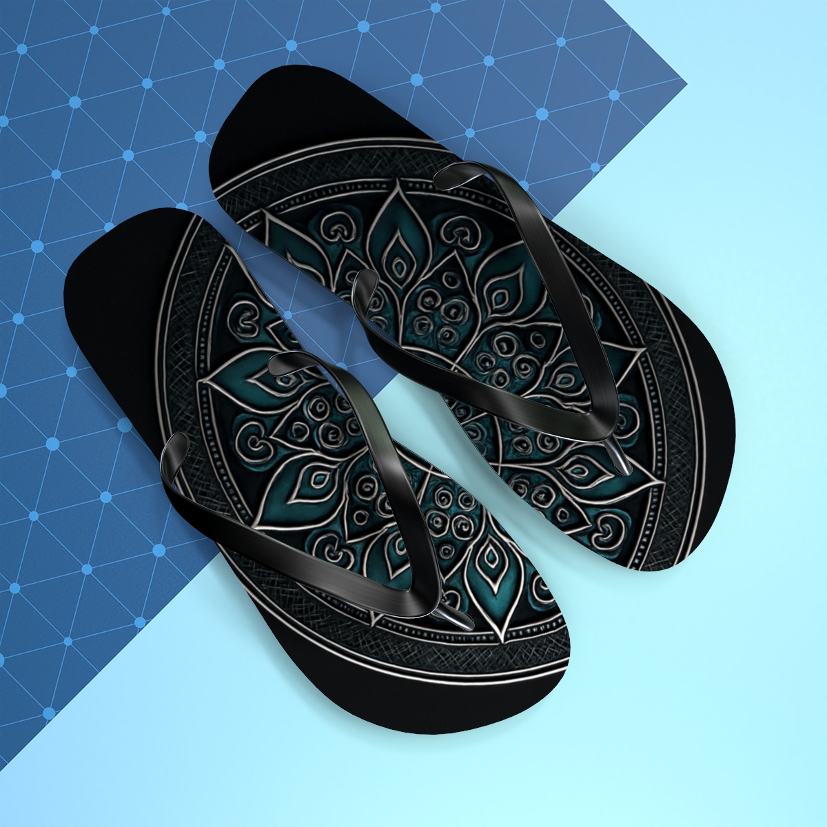 Obsidian Filigree Compass Bloom personalized beach flip flops