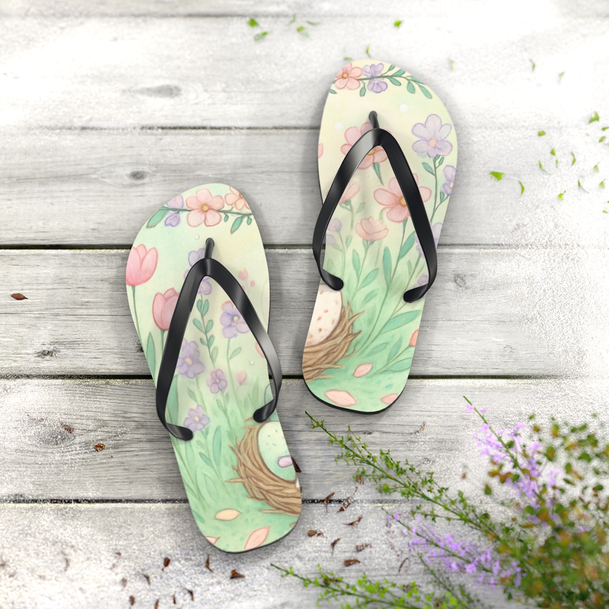 Spring Eggshell Nebula Garden colorful rubber flip flops