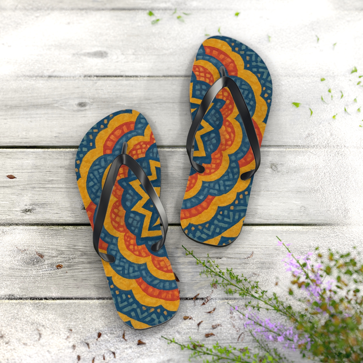 Fractal Starburst Medallion colorful rubber flip flops