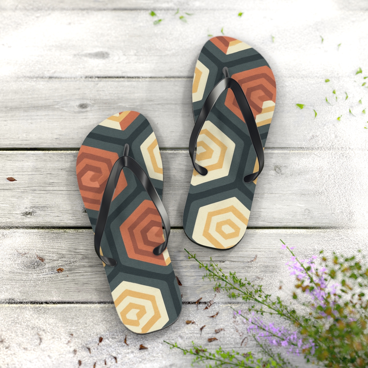 Fractal Step Hex Terrace unique graphic flip flops