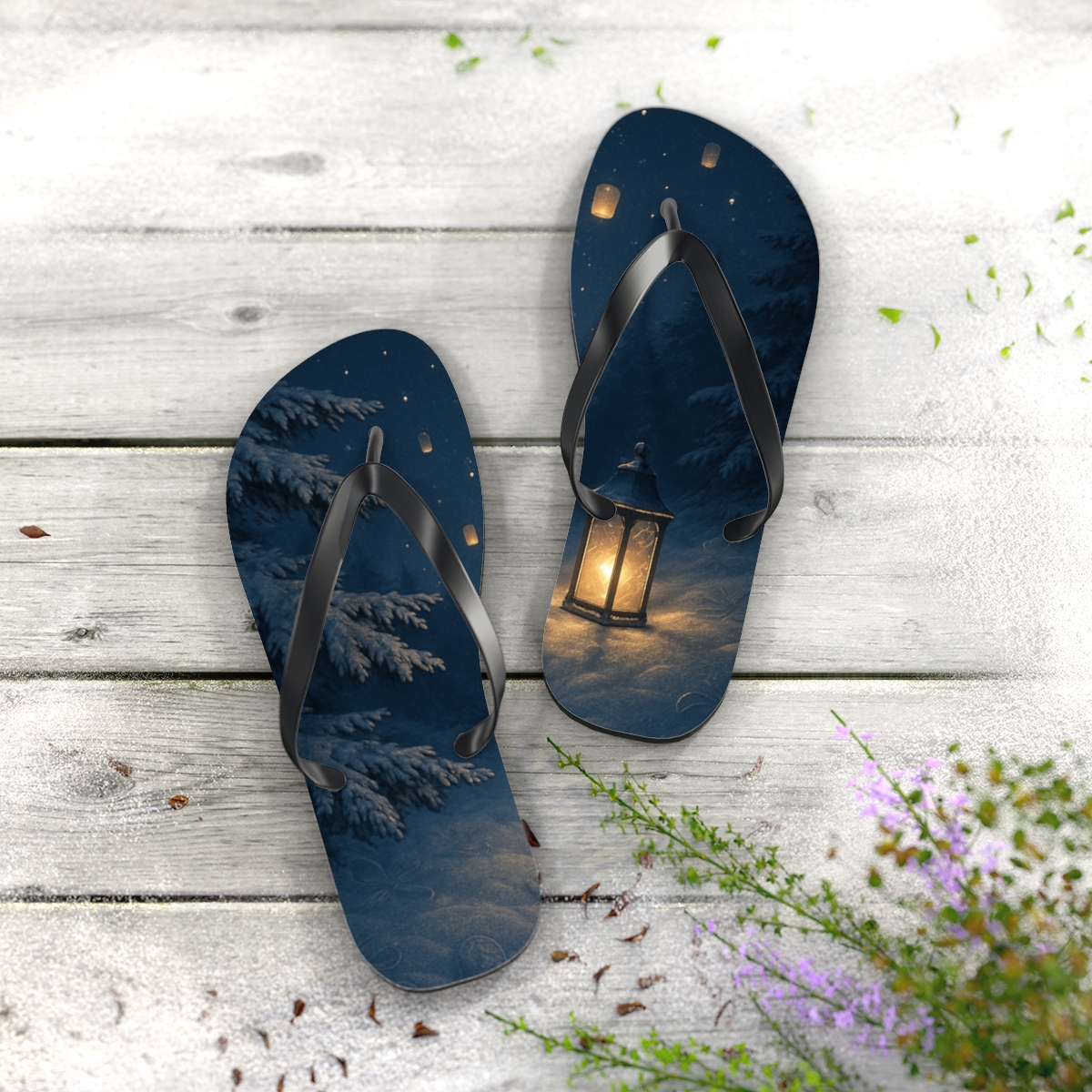 Frost Lantern Solstice Night designer logo flip flops