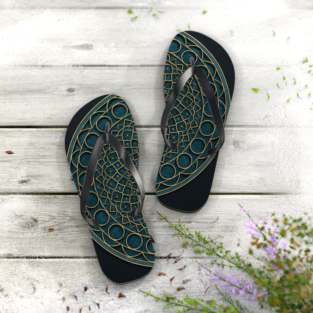 Harmonic Circle Lattice designer logo flip flops