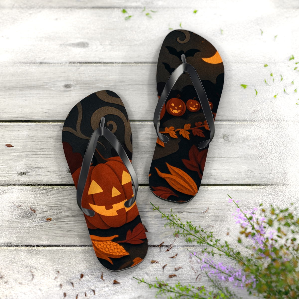 Harvest Halloween Lantern Parade personalized beach flip flops