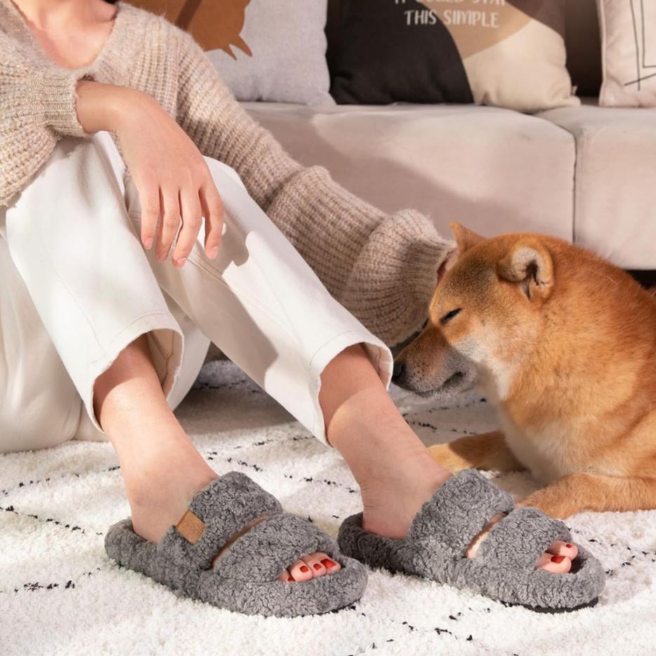 Fuzzy Open Toe Memory Foam Slippers For Women