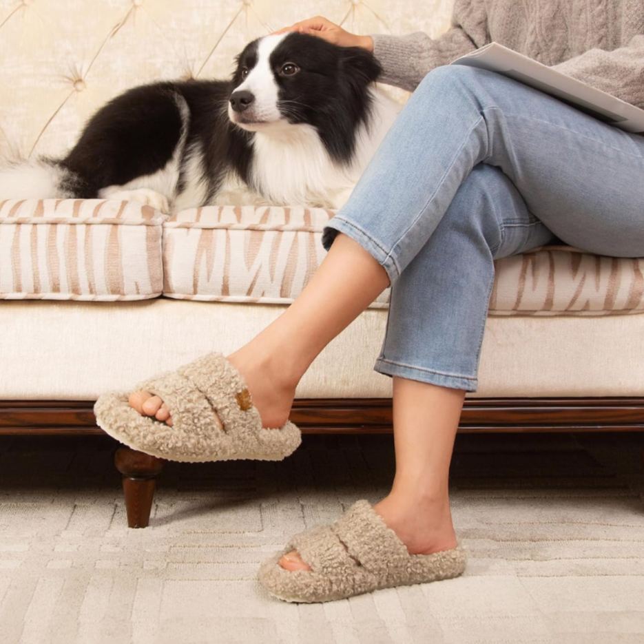 Fuzzy Open Toe Memory Foam Slippers For Women