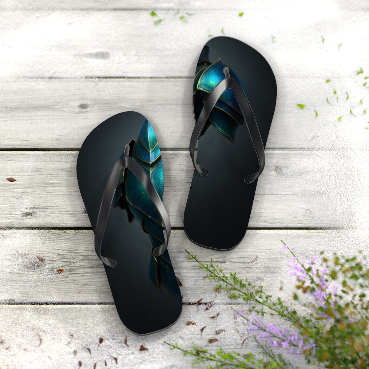 Iridescent Beetle Carapace Halo colorful rubber flip flops