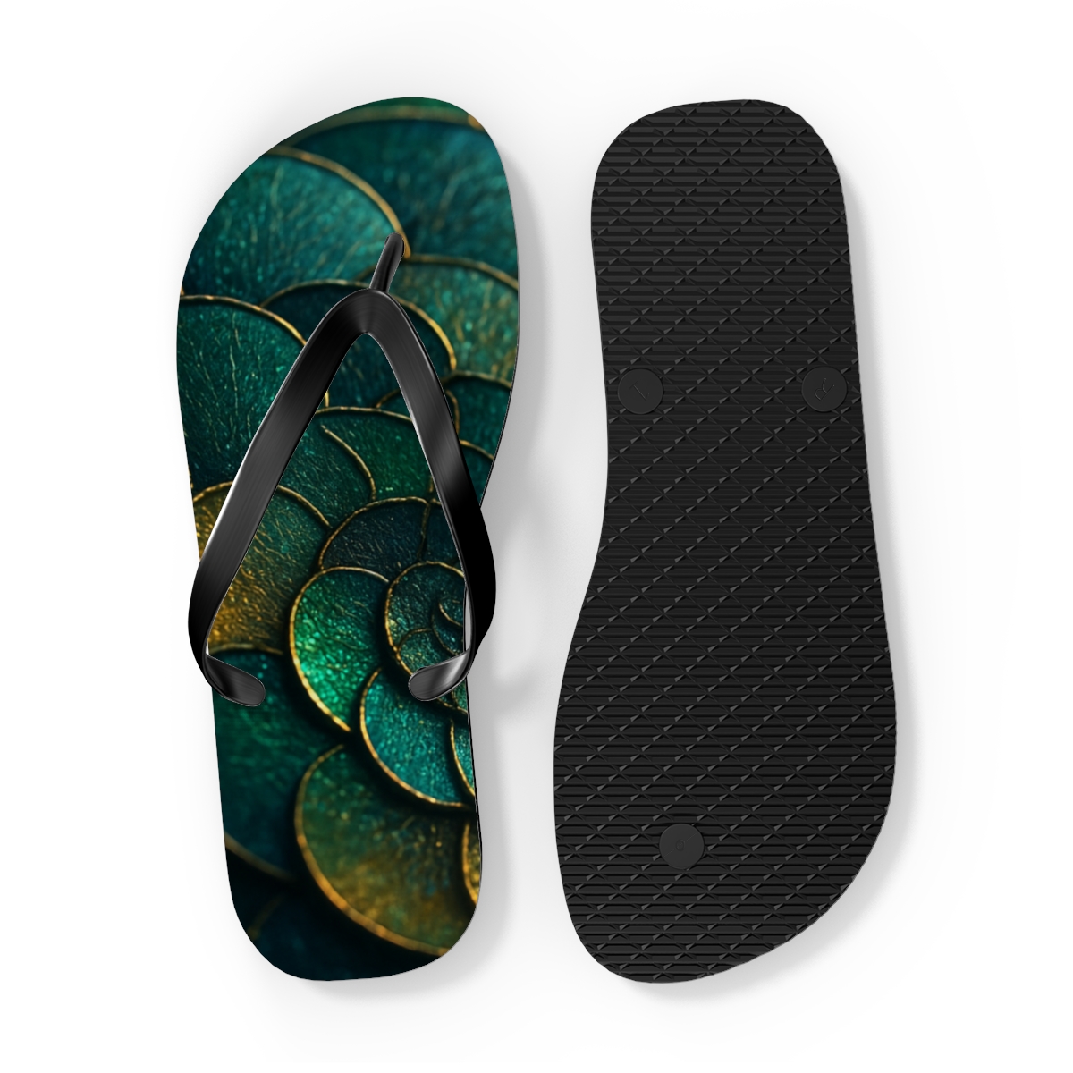 Iridescent Beetle Mosaic designer logo flip flops