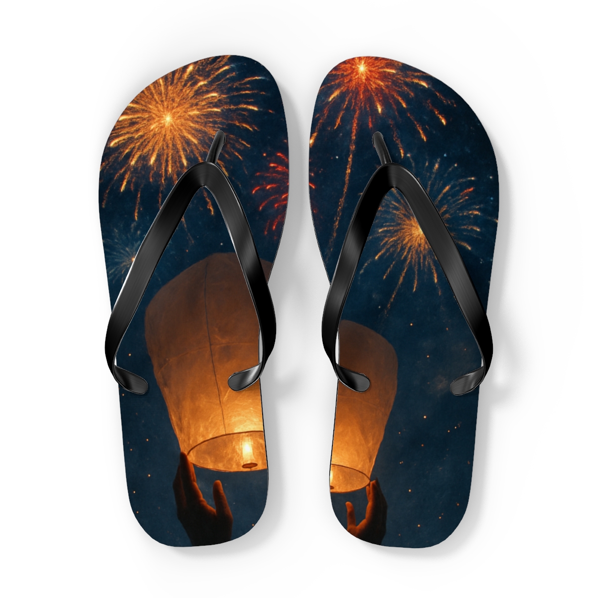 Lantern Lit New Year Skyburst unique graphic flip flops